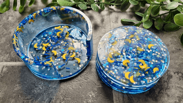 Coasters Set of 4 with Holder - Blue Moon & Star Glitter