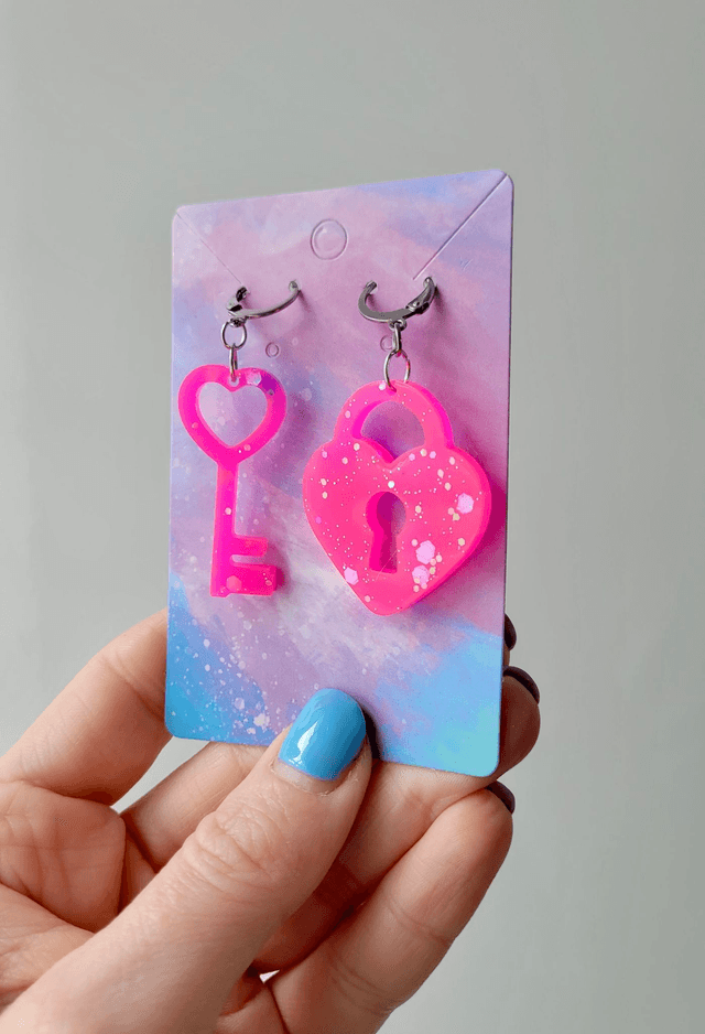 Earrings | Bright Neon Pink Glitter Heart Lock and Key | Stainless Steel Hoops