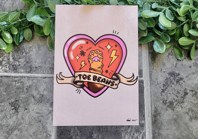 ‘Toe Beans’ A5 Art Print - Tattoo-Inspired Cat Paw in Heart & Scroll Design