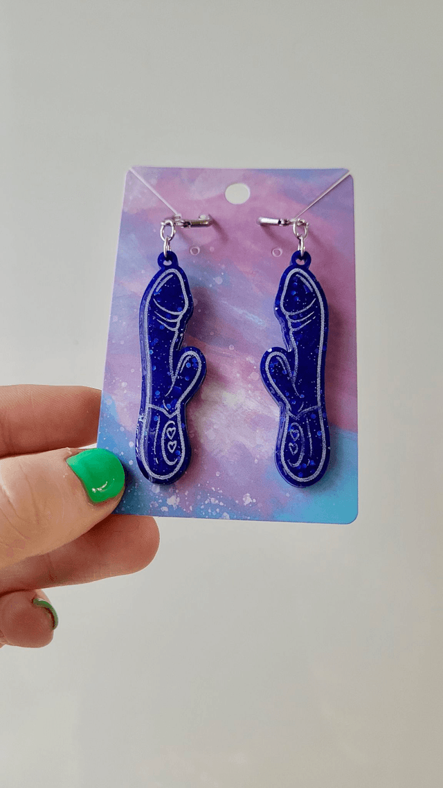 Earrings | Blue Glitter Rabbit Vibrator Earrings | Stainless Steel Lever Back Hoops