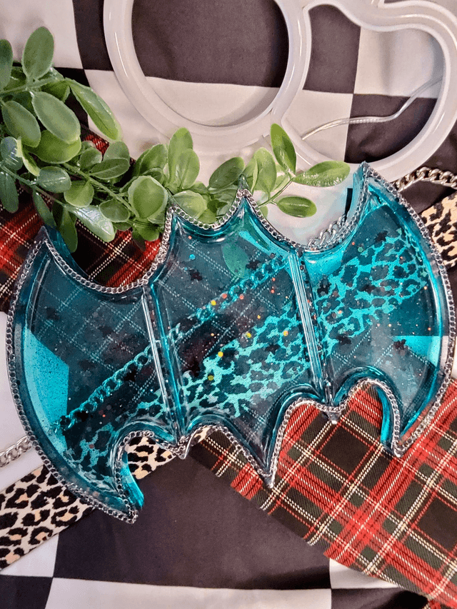 Trinket Tray - Large Bat Shape - Blue with bat charms and silver chain detail