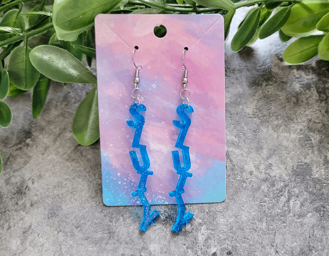 Earrings- Blue Glitter SLUTTY Earrings | Stainless Steel Hooks