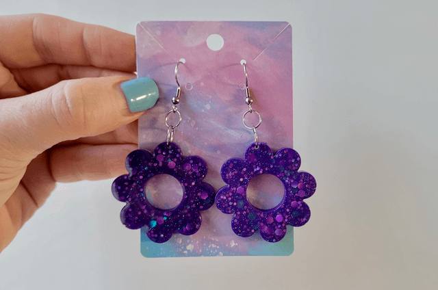 Earrings | Purple Glitter Flowers | Stainless Steel Shepherd Hooks