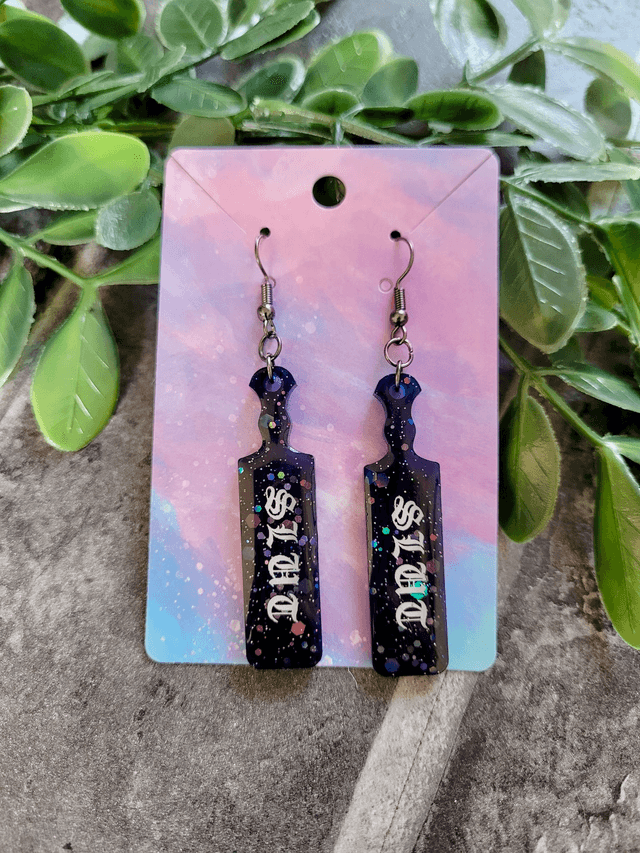Earrings | Slut Mini Paddle Earrings – Black-Blue Glitter - Old English Font | Stainless Steel Hooks