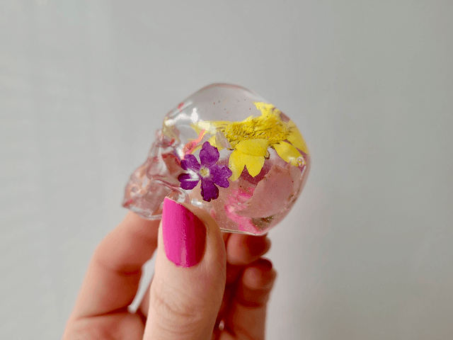 Skull Ornament - Medium -  Clear with Dried Flowers - Pinks and Yellow