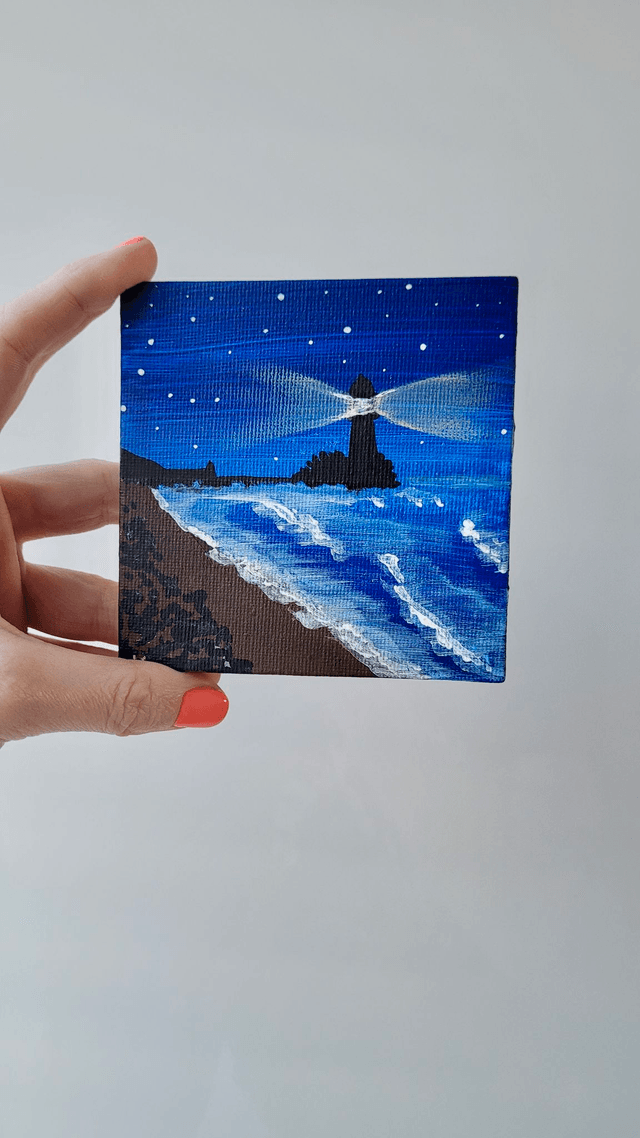 Original Mini Canvas Painting – Lighthouse Sea