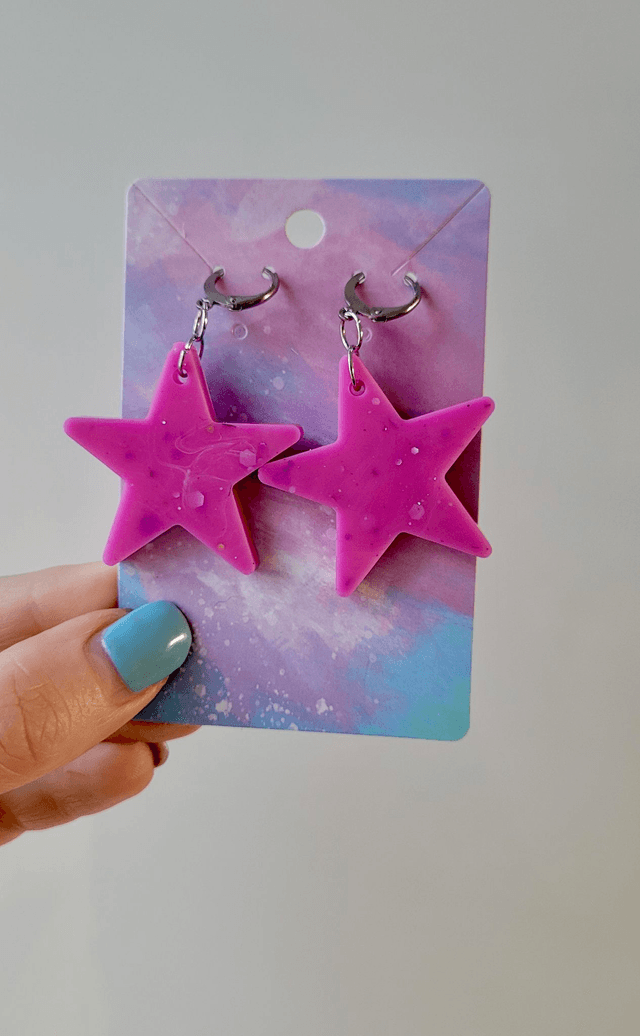 Earrings | Pink Glitter and Swirls Stars | Stainless Steel Hoops