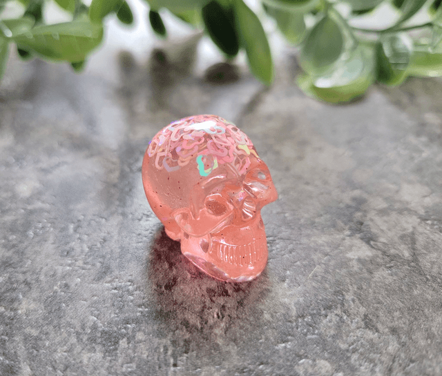 Skull Ornament - Mini - Peachy Pink with Holographic Stars 