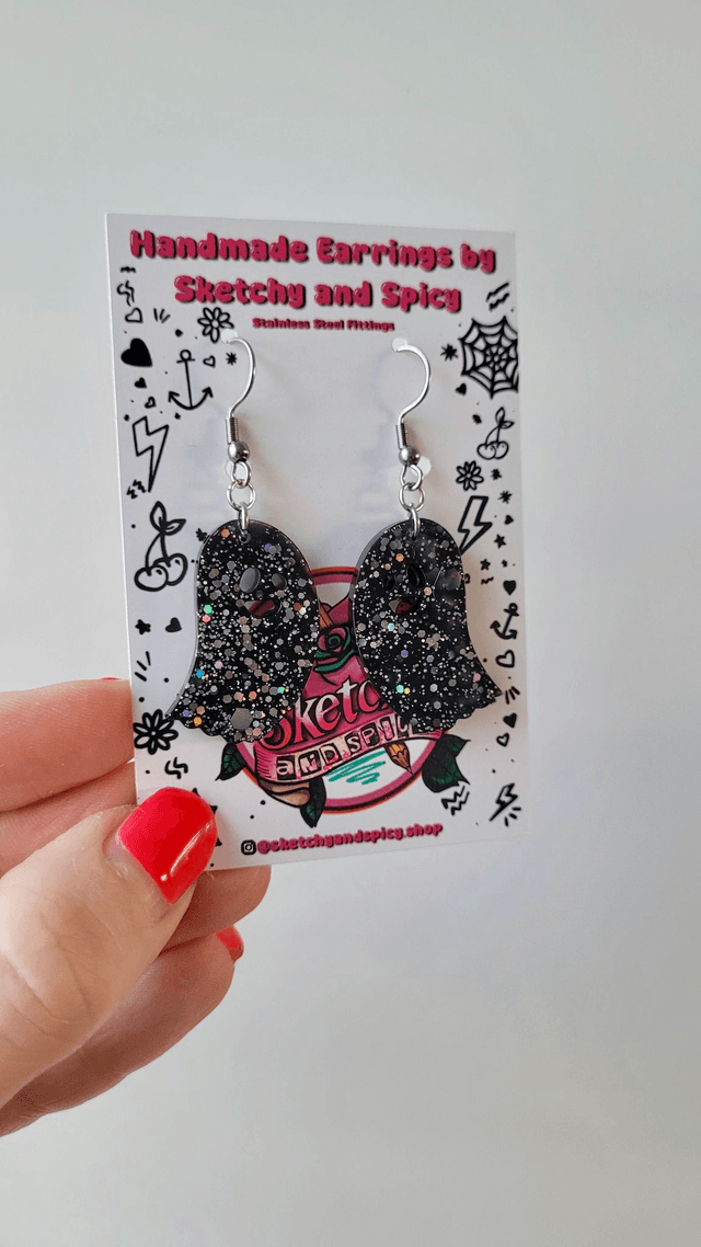 Earrings | Black Glitter Ghost | Happy Ghost | Stainless Steel Hooks