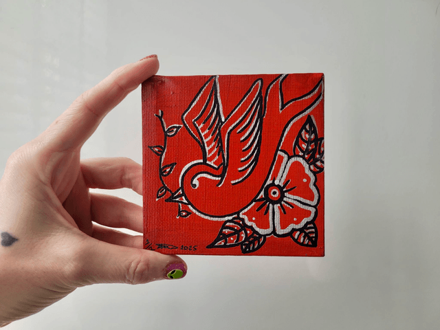 Original Mini Canvas Painting - Swallow & Flower