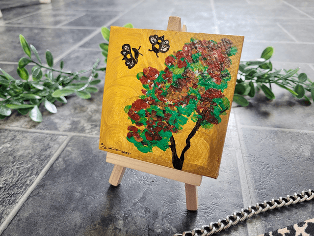 Original Mini Canvas Painting – Tree & Bees on Golden Background