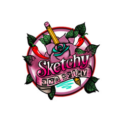Sketchy and Spicy Logo. Tattoo style pink rose with pencil going through it with cartoon shocked chilli peppers either side, all within a circle prime and leaves poking out and bold text across the front saying ‘Sketchy and Spicy’. 