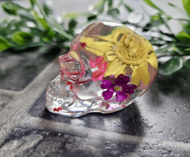 Skull Ornament - Medium -  Clear with Dried Flowers - Pinks and Yellow