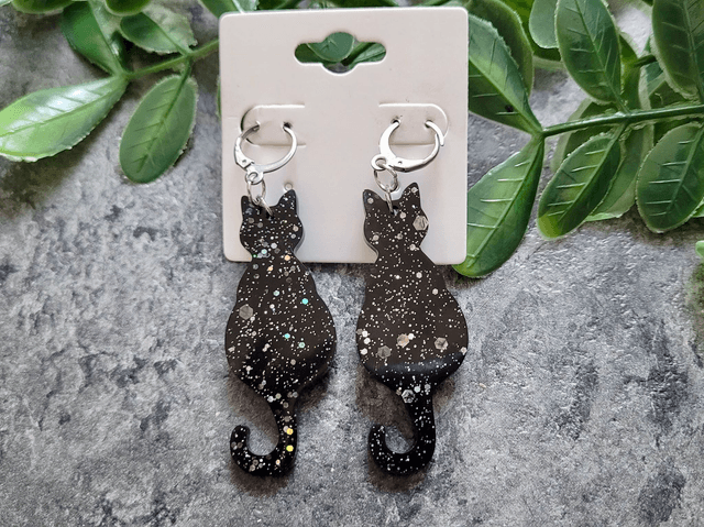Earrings | Black Cats Sitting with Silver Glitter Sparkle | Witch Cat Stainless Steel Hoops