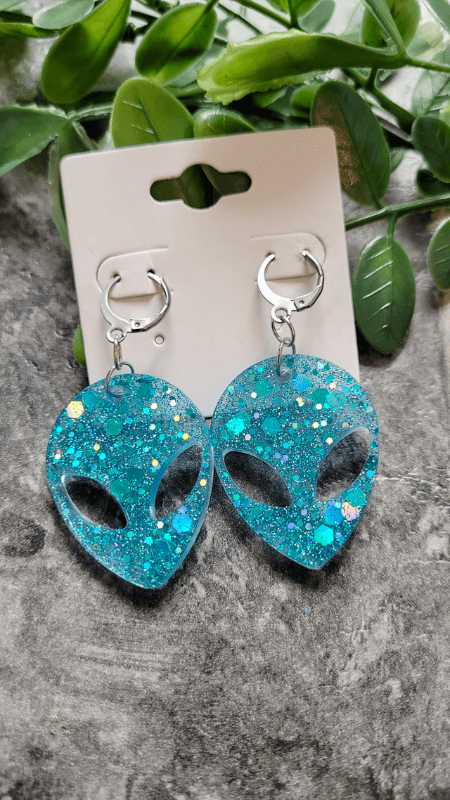Earrings | Blue Glitter Alien Head | Stainless Steel Hoops