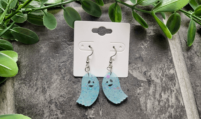 Earrings | Spooky Ghost Blue - White Glitter | Stainless Steel Hooks or Hoops