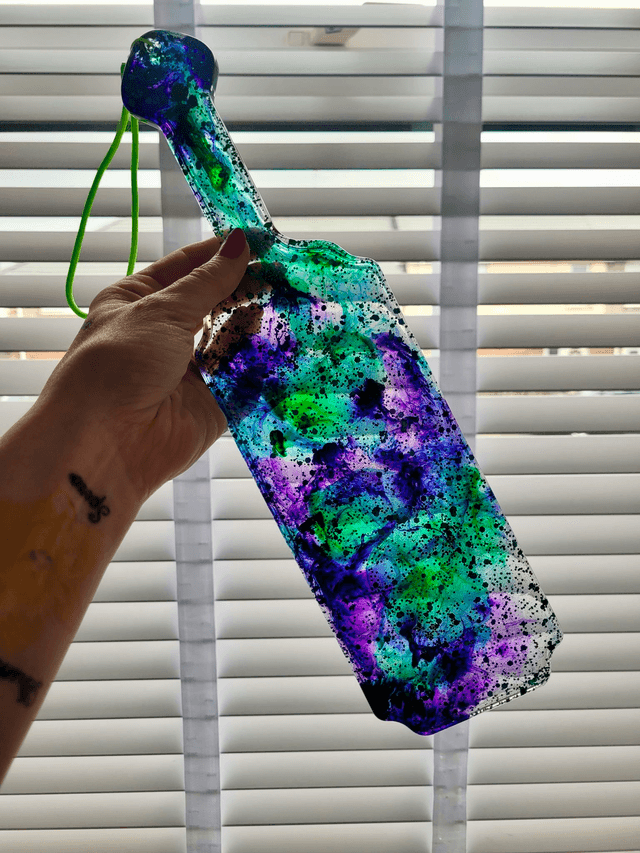 Handmade Resin Paddle – Green Purple Glitter Swirl with Neon Strap | Alt Decor or Kinky Gift