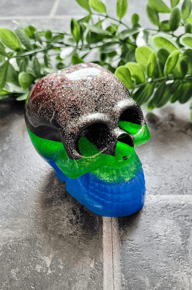 Skull Ornament - Large - Green, Blue Black Glitter Stripes