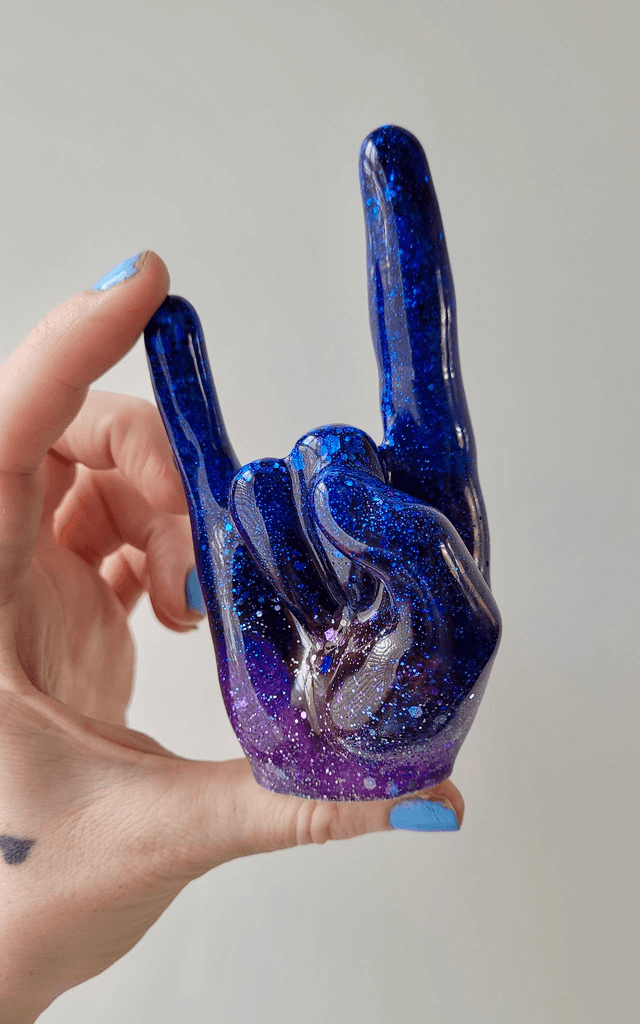Rock On Hand Ornament – Blue &amp; Purple, Silver Glitter - Ring Holder