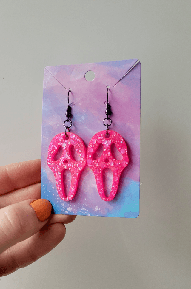 Earrings | Ghostface - Scream - Hot Pink Glitter Earrings | Stainless Steel Hooks - Gunmetal Black Hooks