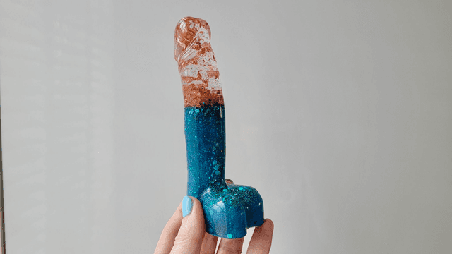 Penis Ornament -Blue Glitter &amp; Copper Leaf Split - Medium 14.5cm