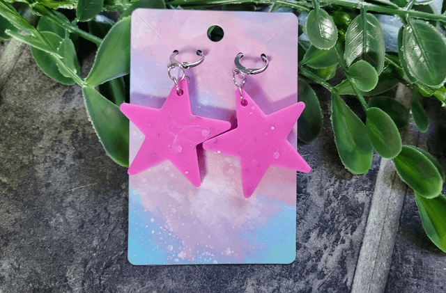 Earrings | Pink Glitter and Swirls Stars | Stainless Steel Hoops