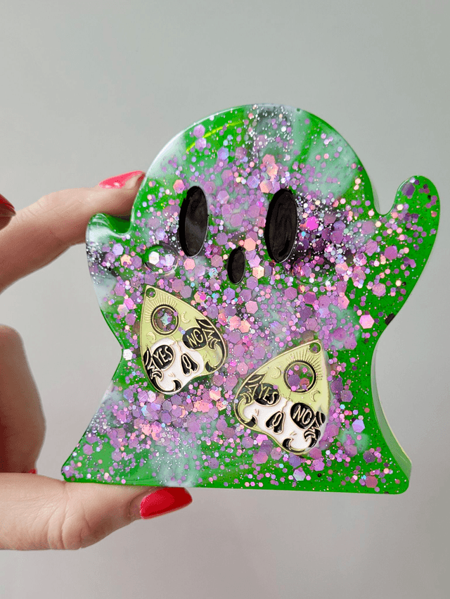 Ghost Ornament - Green &amp; Purple Glitter with Ouija Planchette Charms