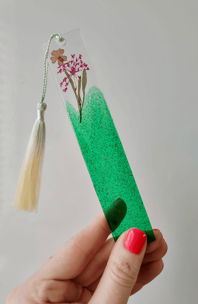 Green Glitter Floral Bookmark - Dried Flowers