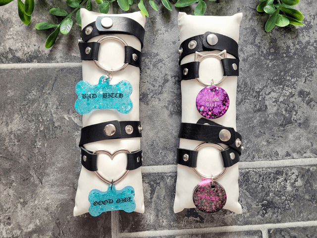 Choker - Black Faux Leather Chokers with Metal O-Ring and Resin Tags