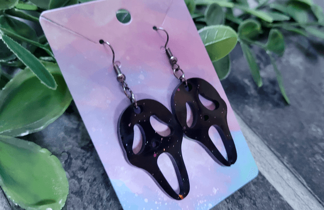 Earrings | Ghostface Scream Earrings - Black Holographic | Stainless Steel Hooks - Gunmetal Black