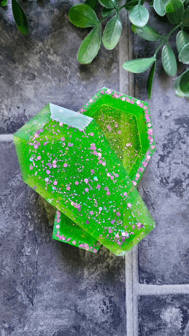Coffin Trinket Box - Bright Green and Lilac Glitter