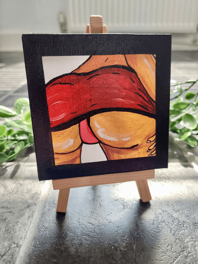 Original Mini Canvas Painting – Red Skirt and Rebellion - Butt Painting Black Border