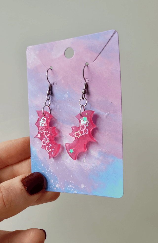 Earrings | Pink Star Glitter Bats | Stainless Steel Shepherd Hooks