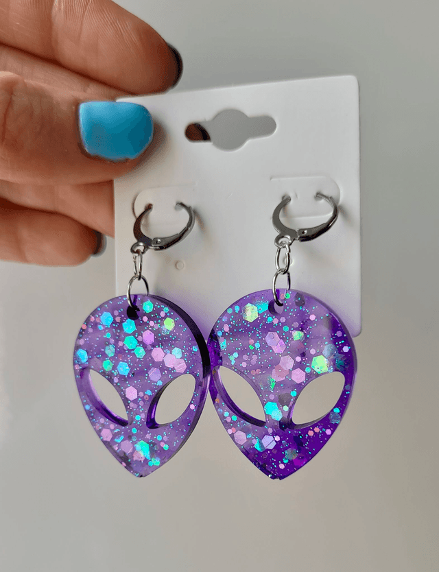 Earrings | Purple Glitter Alien Head | Stainless Steel Hoops