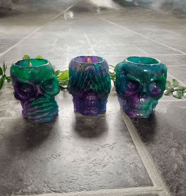 See No Evil, Hear No Evil, Speak No Evil - Set of 3 Skull Tea Light Candle Holders | Purple &amp; Green Glitter