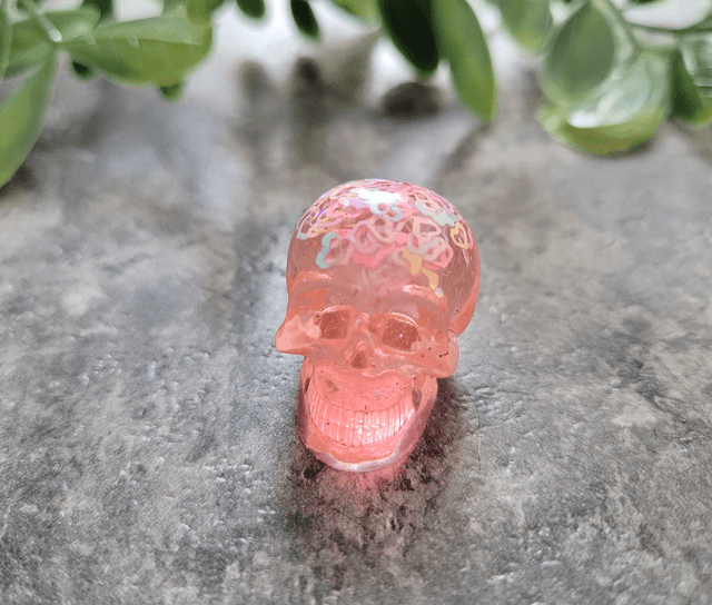 Skull Ornament - Mini - Peachy Pink with Holographic Stars 