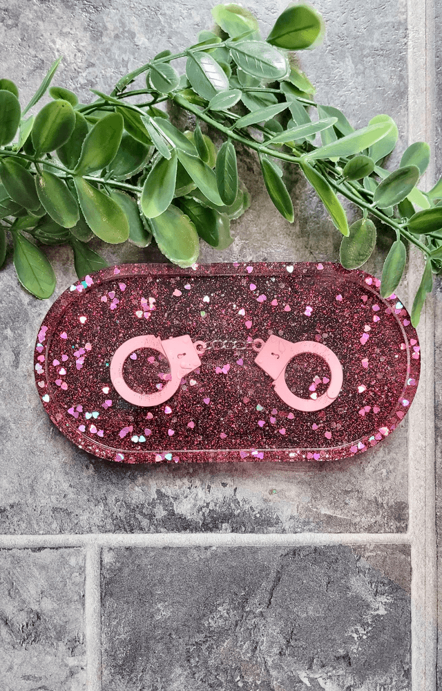 Trinket Tray - Pink Glitter Hearts and Handcuffs