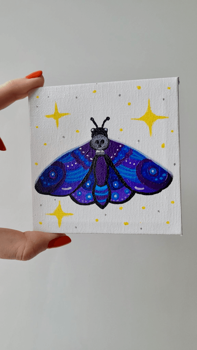 Original Mini Canvas Painting – Deathmoth Gothic Skull Moth Mini Canvas Art – Blue