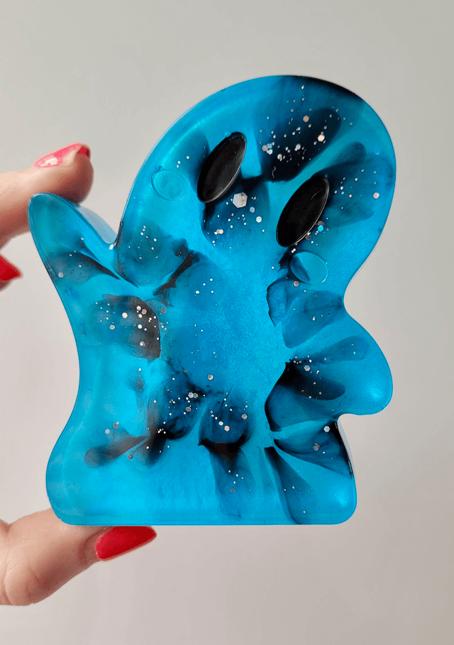 Ghost Ornament - Blue and Black Glitter Swirls