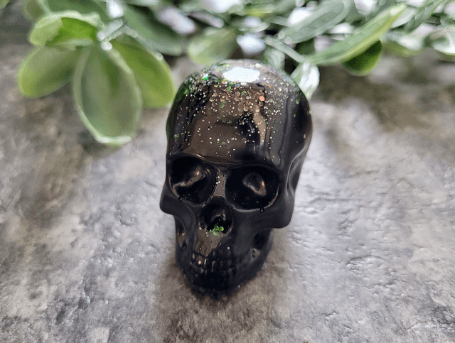 Skull Ornament - Medium - Black with Silver &amp; Green Glitter