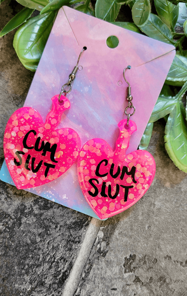 Earrings | CUM SLUT Heart Bright Pink Glitter Paddle Earrings | Stainless Steel Gunmetal Black Hooks