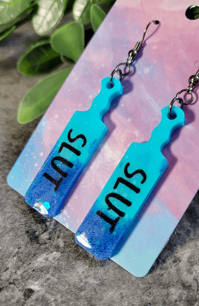 Earrings | SLUT Blue Glitter Dipped Paddle Earrings | Stainless Steel Gunmetal Hooks