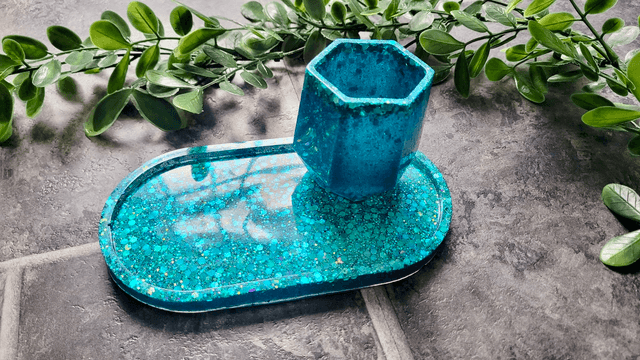 Trinket Tray &amp; Pot Set - Blue Teal Holographic Glitter