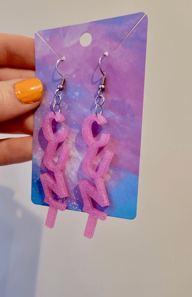 Earrings- Light Pink Glitter CUNT Swear Earrings | Stainless Steel Shepherd Hooks
