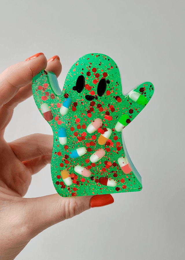 Ghost Ornament - Pilled Up - Green &amp; Blue Glitter Ghost wil Pills &amp; Red Glitter