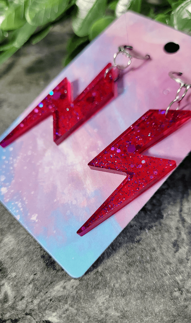 Earrings - Pink-Red Glitter Lightning Bolt Earrings | Stainless Steel Lever Back Hoops