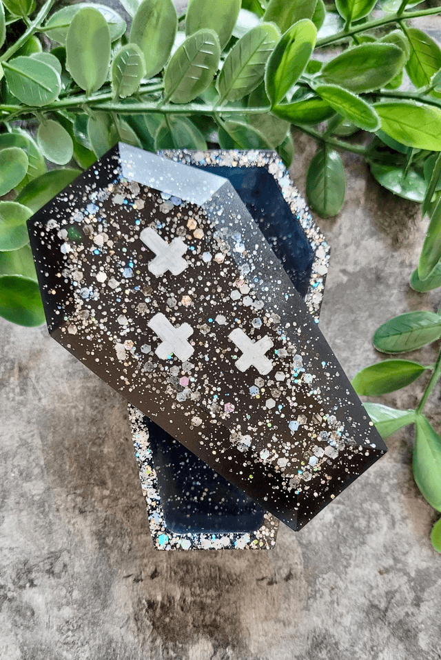Grey-Black Coffin Trinket Box with Silver Holographic Glitter. Bottom only - no lid