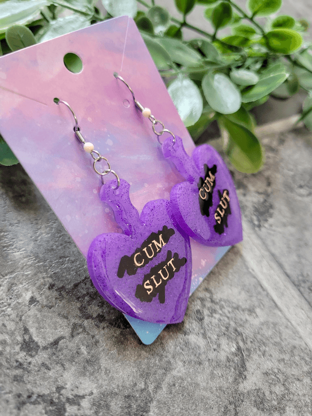 Earrings | CUM SLUT Heart Purple Glitter Paddle Earrings | Stainless Steel Hooks