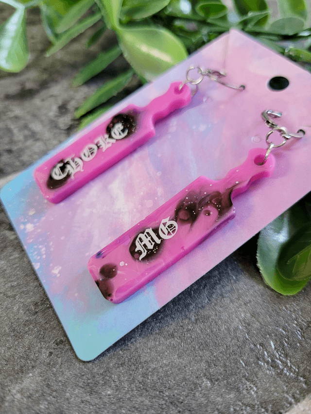 Earrings | Pink and Black Glitter Swirl Paddle Earings with the words Choke Me | Stainless Steel Leverback Hoops