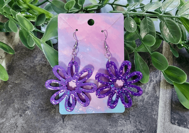 Earrings | Purple Glitter Flowers | Stainless Steel Shepherd Hooks